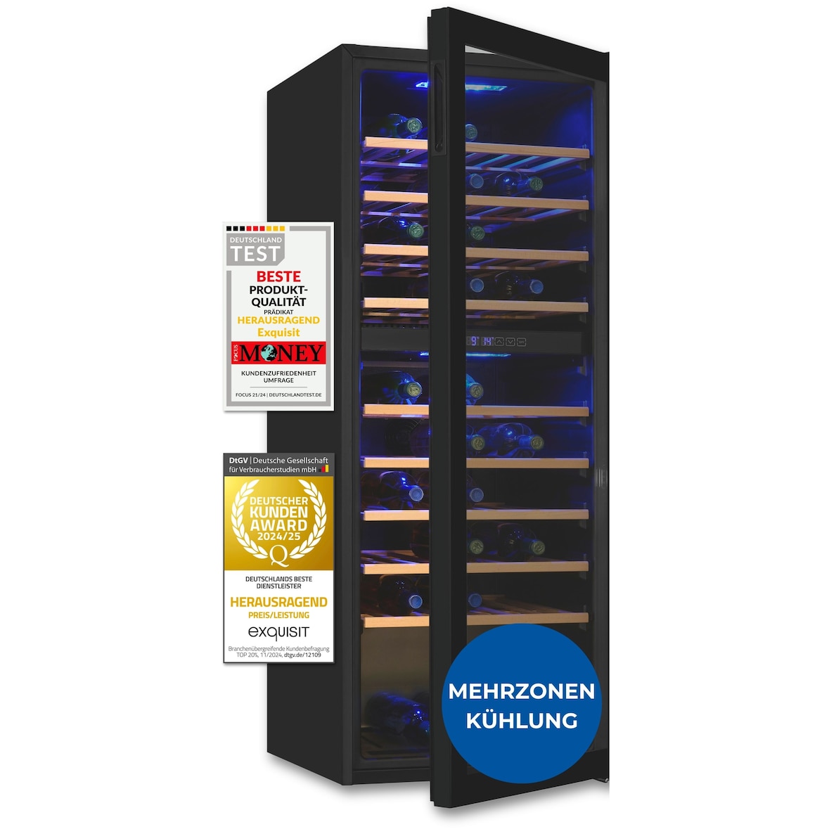 Exquisit Weinkühlschrank 2 Zonen, Platz für 78 Flaschen, 194 l, Umluftventilator, 9 Holzablagen, Digitale Temperaturanzeige, WS2-78-GTE-160G schwarz