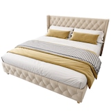 thumbnail of Merax Polsterbett, Massivholz Doppelbett 160x200cm mit Lattenrost und Polster-Kopfteil, Hellbeige
