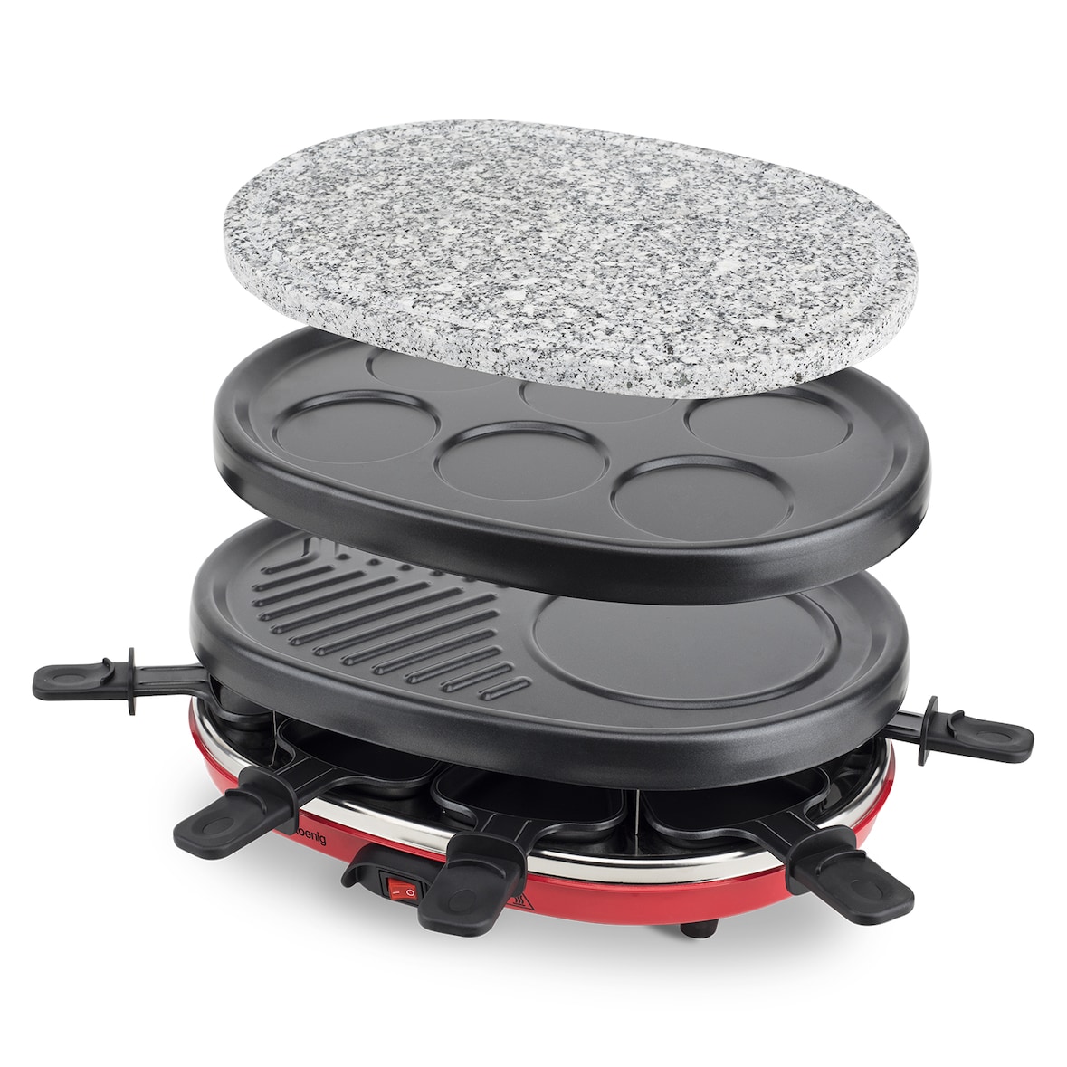 H.Koenig RP412 Raclette-Gerät 4 in 1 / 8 Personen / Raclette, Natursteingrill, Crepe-Platte und Grillplatte / mit 8 Pfännchen / 900 W / SchwarzRrot