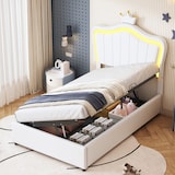 thumbnail of Modernes Polsterbett 90x200 mit LED-Beleuchtung, hydraulischem Stauraum, Muschel-Kopfteil mit Krone, Kunstleder, stabile Holz-Metall-Konstruktion Weiß