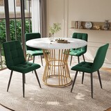 thumbnail of Essgruppe 5 teilig rund 100x100x75 cm mit 4 Samtstühlen Grün Tisch Weiß Marmoroptik MDF Metallgestell Gold modern für Küche und Essbereich