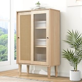 thumbnail of Merax 100 cm hohes holzfarbenes Sideboard mit Kunststoff-Rattantüren und Schiebetüren aus Glas, mit 6 Fächern hinter den Türen