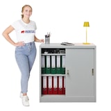 thumbnail of PROREGAL Aktenschrank ELEPHANT mit abschließbaren Schiebetüren | HxBxT 90x90x40cm | 2 Fachböden | Lichtgrau | Metallschrank Ordnerschrank Büroschrank