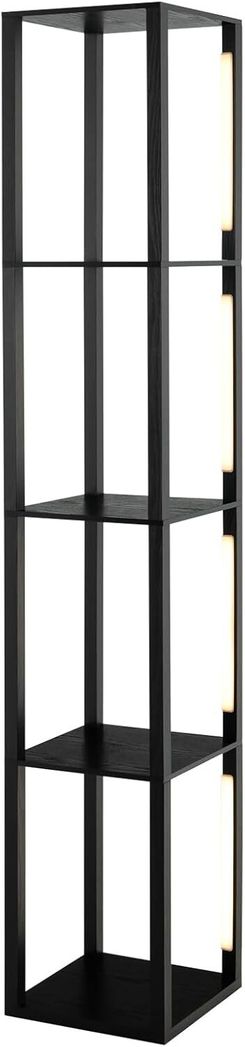 COSTWAY  Prateleira de Armazenamento com Luminária de Chão Moderna com Luzes LED Reguláveis de 3 Níveis e Hastes LED Giratórias