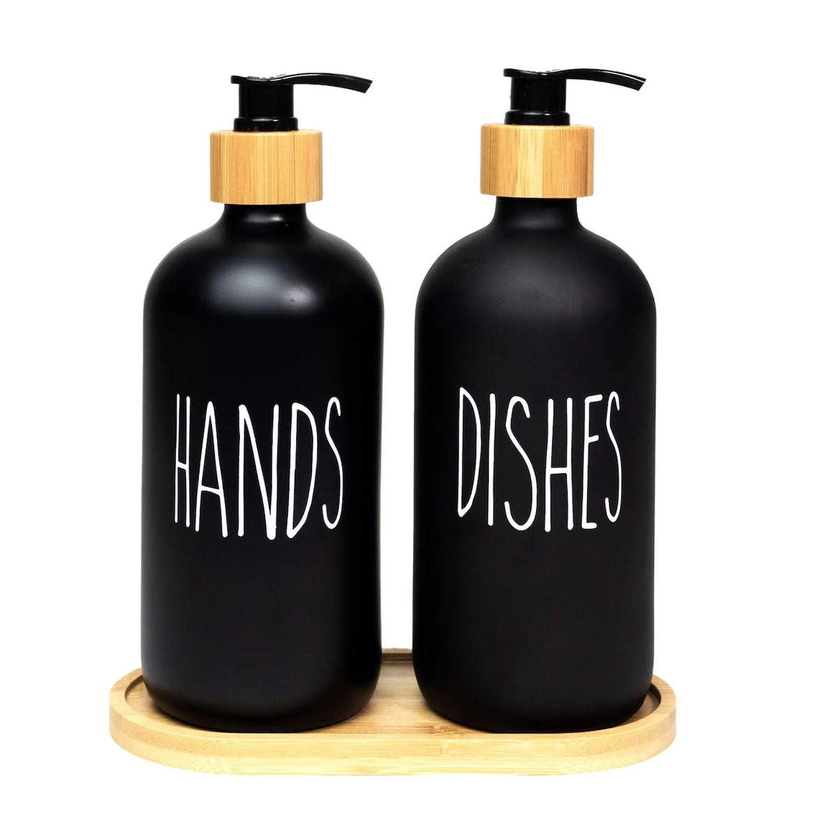 Intirilife 3-teiliges Seifenspender Set aus Glas in Schwarz mit Bambus Tablett - 500 ml Füllmenge - 17.5 x 8.8 x 20.6 cm - 2 Spender für Seife