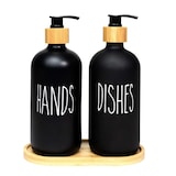 thumbnail of Intirilife 3-teiliges Seifenspender Set aus Glas in Schwarz mit Bambus Tablett - 500 ml Füllmenge - 17.5 x 8.8 x 20.6 cm - 2 Spender für Seife