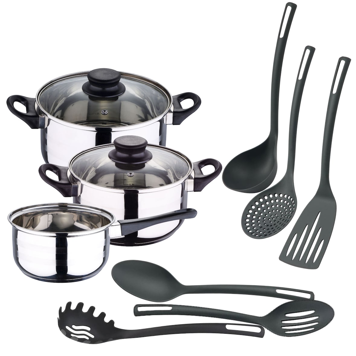 WellHome - Conjunto de panelas de aço inoxidável com 5 peças e 6 utensílios básicos de cozinha em PBT preto
