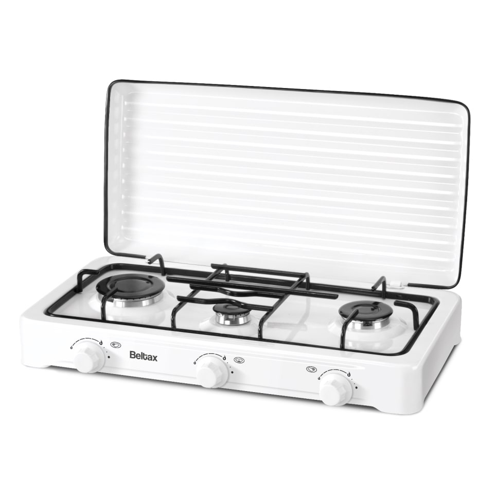BELTAX IF2102 Estufa de gas, 3 quemadores, Gas butano, Cuerpo de aluminio esmaltado, Fácil de limpiar