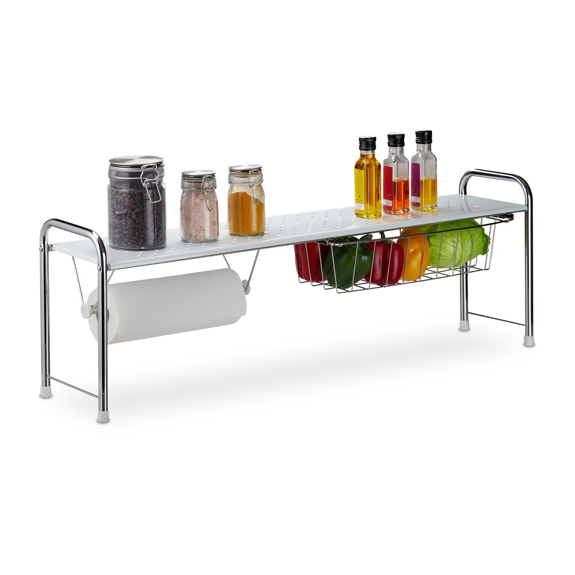 Relaxdays Spülbeckenregal mit Küchenrollenhalter, Küchenregal mit Korb, Metall, H x B x T: 32 x 94 x 23 cm, weiß/silber