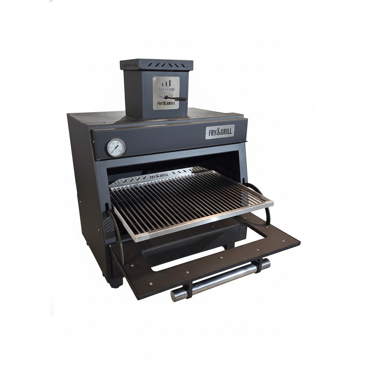 Fry&Grill, Horno carbón, GR45 Black+accesorios,, incluye parrilla, pinzas, atizador, sombrero, cortafuegos y regulador de tiro.211406