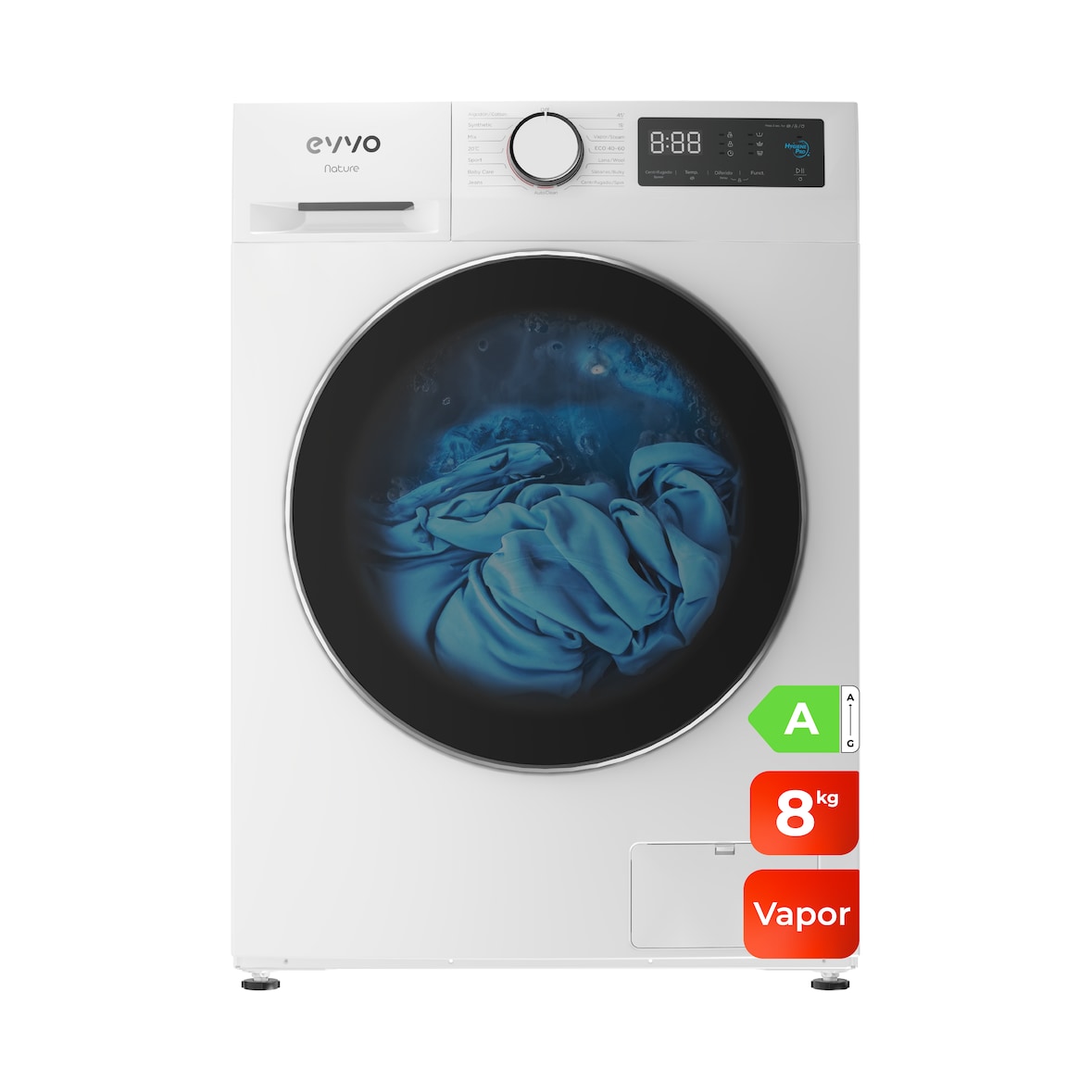 EVVO Lavadora 8 kg carga frontal Nature 8, 1350 rpm, Clase energética A, Motor Inverter, 15 programas, Blanco