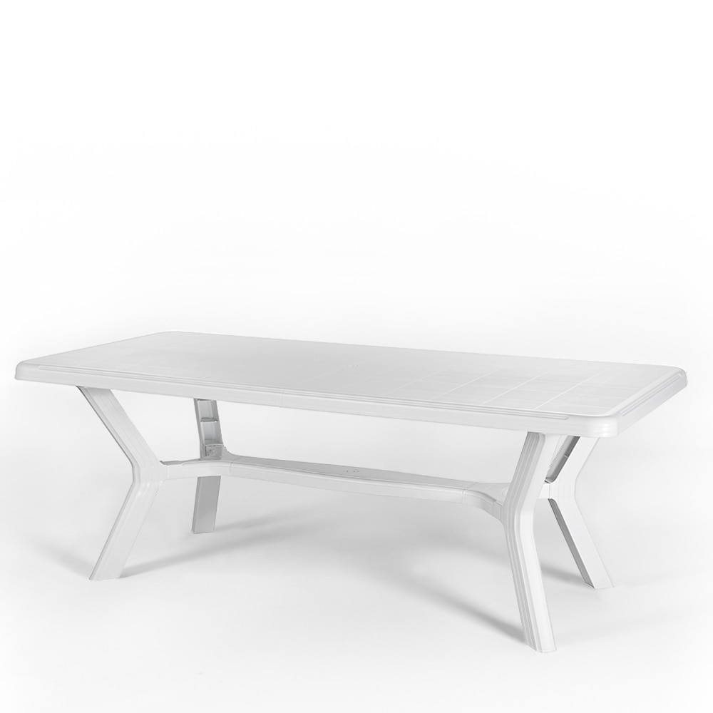 Table de jardin rectangulaire 200x95 cm en résine,pieds croisés,structure renforcée en métal et trou pour parasol - SAMUEL - Blanc