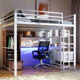 thumbnail of Hochbett 140x200 mit LED-Beleuchtung und Schreibtisch, stabiles Metallbett mit Stauraum, modernes Funktionsbett für Schlafzimmer und Studio Weiß