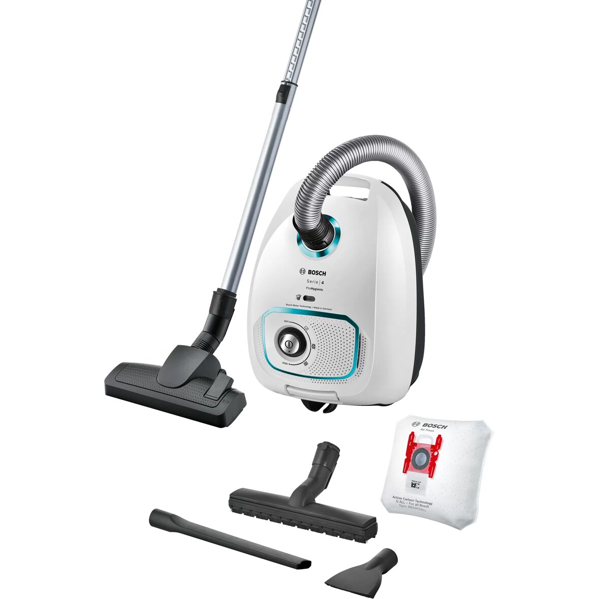 Bosch Serie 4 BGBS4HYG1, Aspirapolvere con sacco ProHygienic, PowerProtect System, Sacchetti AirFresh, Spazzola tappeti/pavimenti, Bianco