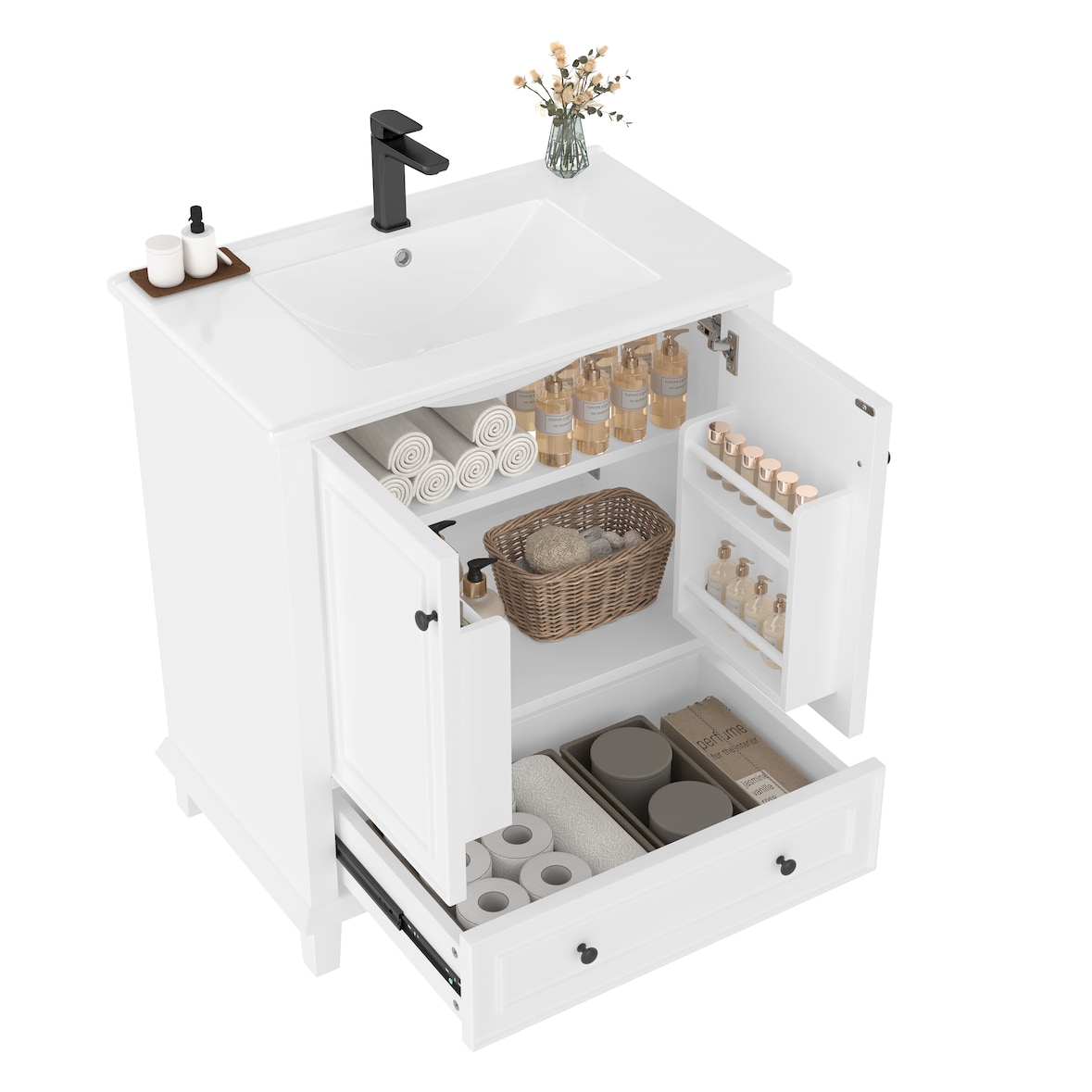 Badezimmerschrank 76x46x87 cm mit Waschbecken, Weiß, mit Massivholzbeinen und feuchtigkeitsbeständigen Eigenschaften