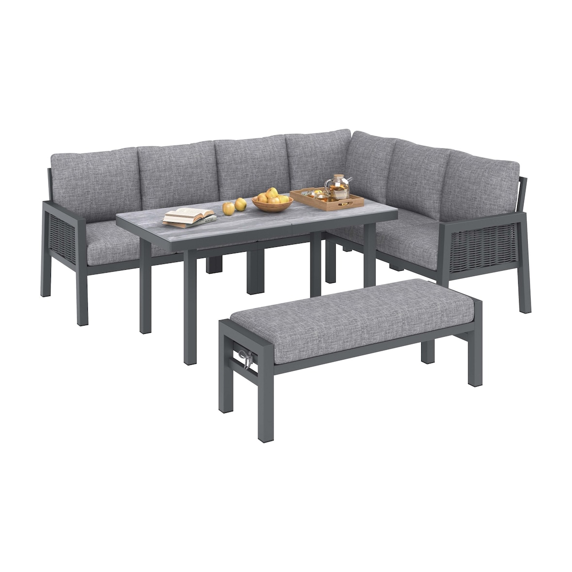 Merax Gartenmöbel Set für 8 Personen, Ecklounge mit Esstisch & Bänke, verzinktes Eisen, Glastischplatte, handgefertigtes PE-Geflecht, Grau