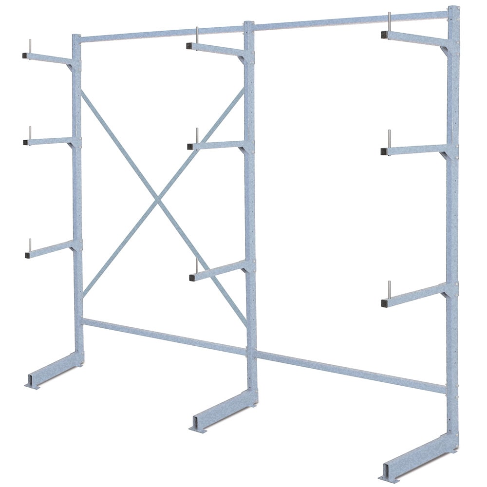 Kragarmregal komplett, verzinkt, HxBxT 1950 x 2090 x 450 mm, 3 Ständer und 9 Arme mit Abrollsicherung