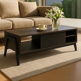 thumbnail of Couchtisch HWC-O40, Wohnzimmertisch Sofatisch, Staufächer Schiebetür MDF Metall Melamin 42x120x60cm ~ Walnuss-Optik