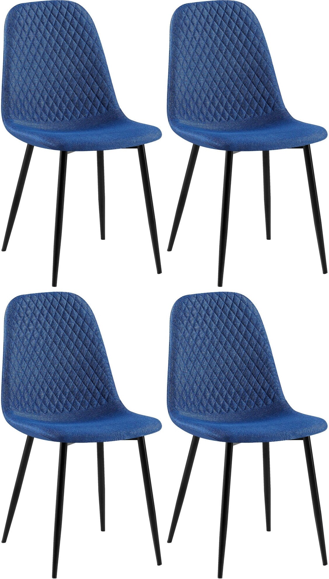 Décoshop26 - 4 Esszimmerstühle mit dekorativer Rautensteppung blauem Stoffsitz mattschwarzen Metallbeinen 10_0007724