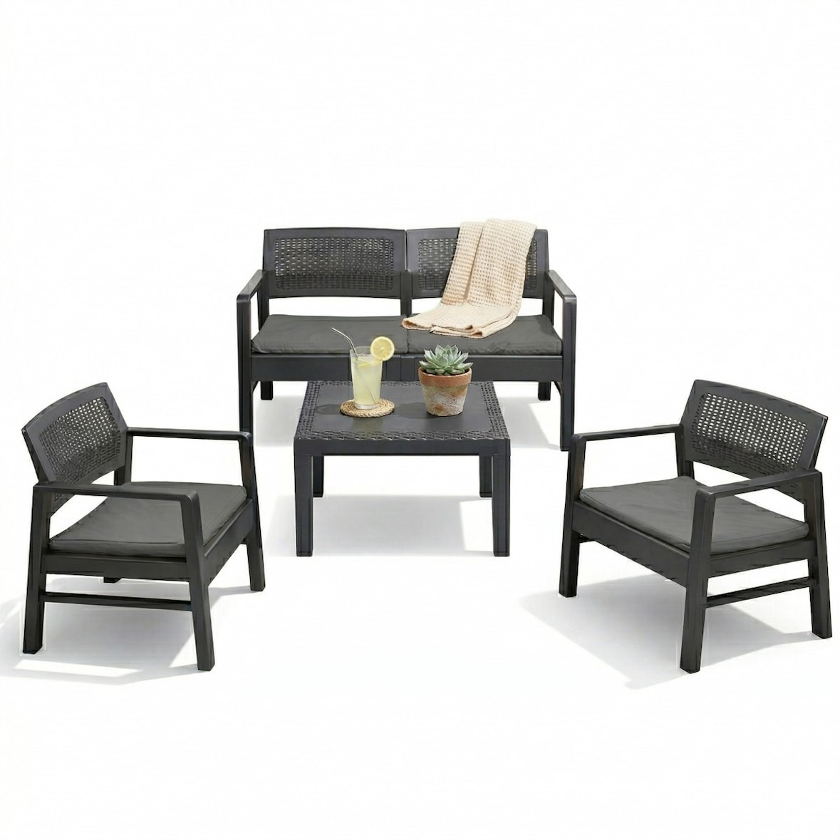 Salon de jardin Extérieur 4 personnes Gris Anthracite Canapé 2 places + 2 fauteuils + Table basse + 4 Coussins KZ GARDEN