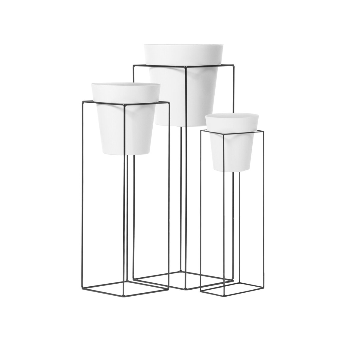 Blumentopf / Pflanztopf, mit Metallständer, 3er-Set, weiß / schwarz, Metall / Polypropylen