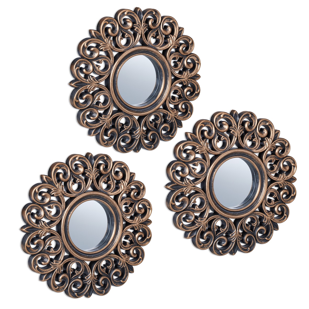 Relaxdays Spiegel 3er Set, barocker Deko-Wandspiegel, Wohnzimmer, Flur, Ø je 25 cm, Kunststoff-Rahmen, bronze/schwarz