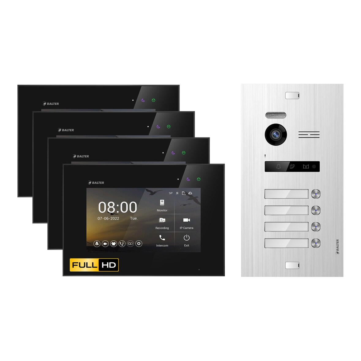 HD Video Türsprechanlage für 4 Familienhaus, 4x Monitor, Balter EVO HD Silber/Schwarz