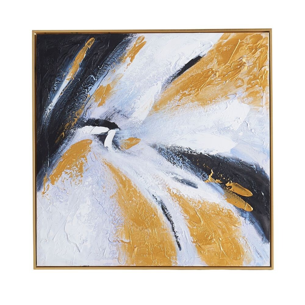 Quadro astratto in oro bianco e nero su tela con cornice oro 80x80 cm. Quadro3