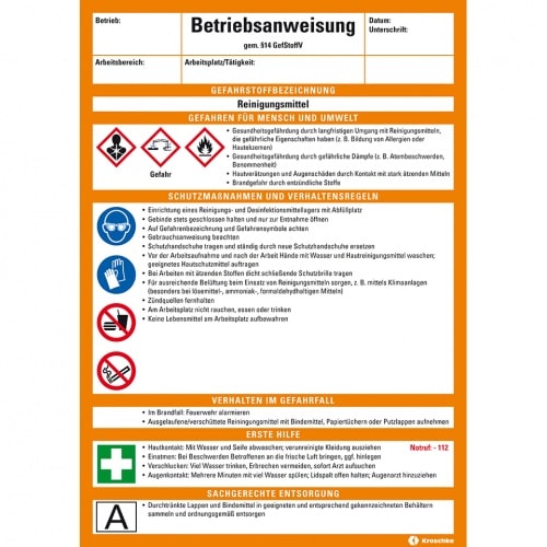 Betriebsanweisung Reinigungsmittel, CLP/GHS, Kunststoff, 210x297mm, ASR A1.3, DIN EN ISO 7010