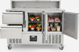 thumbnail of Romux® Saladette und Pizzatisch 2 Türen 2 Schubladen 136x70 cm für 8 GN 1/6 Behälter mit Marmorplatte und Stahlhaube | Kühltisch