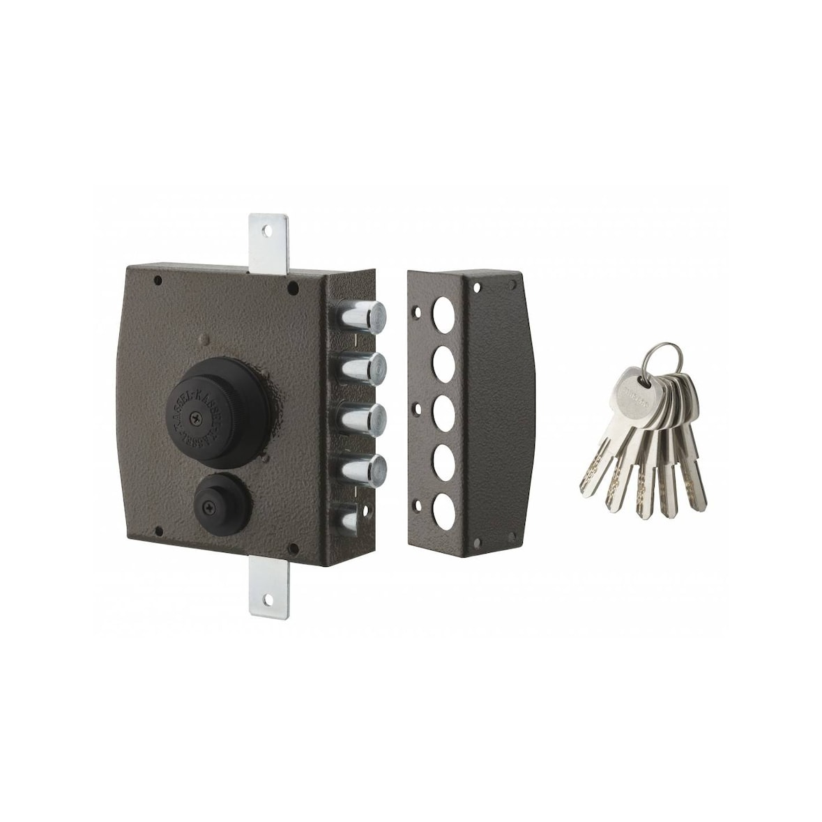 Serrure en applique pour porte d'entrée 3 points à bouton et cr t2 1/2 tour droite