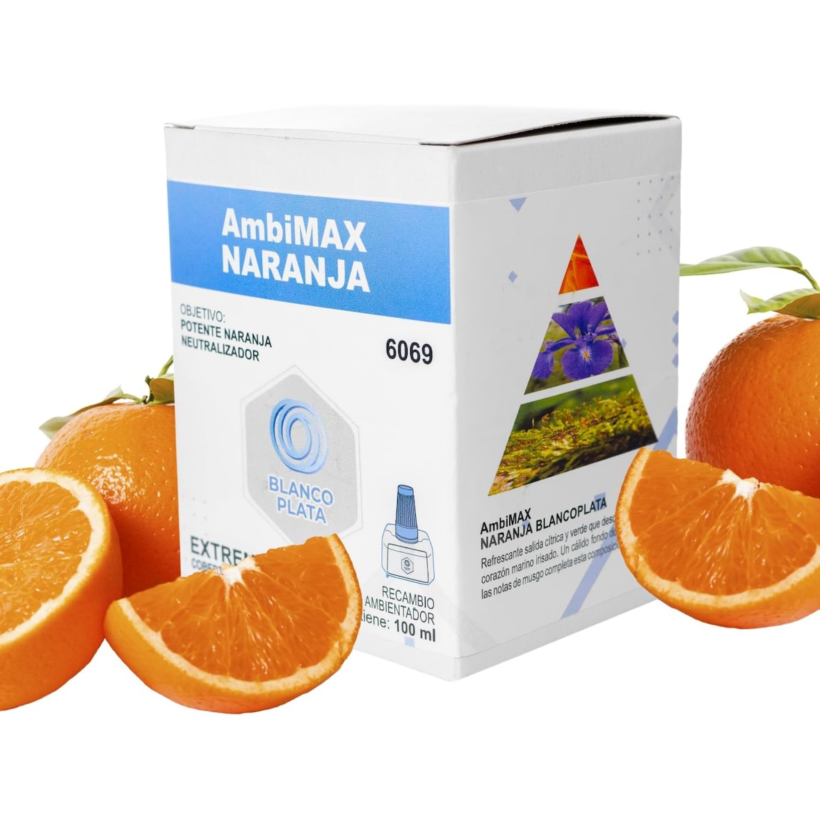 Recambio Ambimax Ambientador Naranja Extrem 100ml 30 días de duración, 150m2 de cobertura intensa, neutralizador de malos olores.(NO INCLUYE APARATO)
