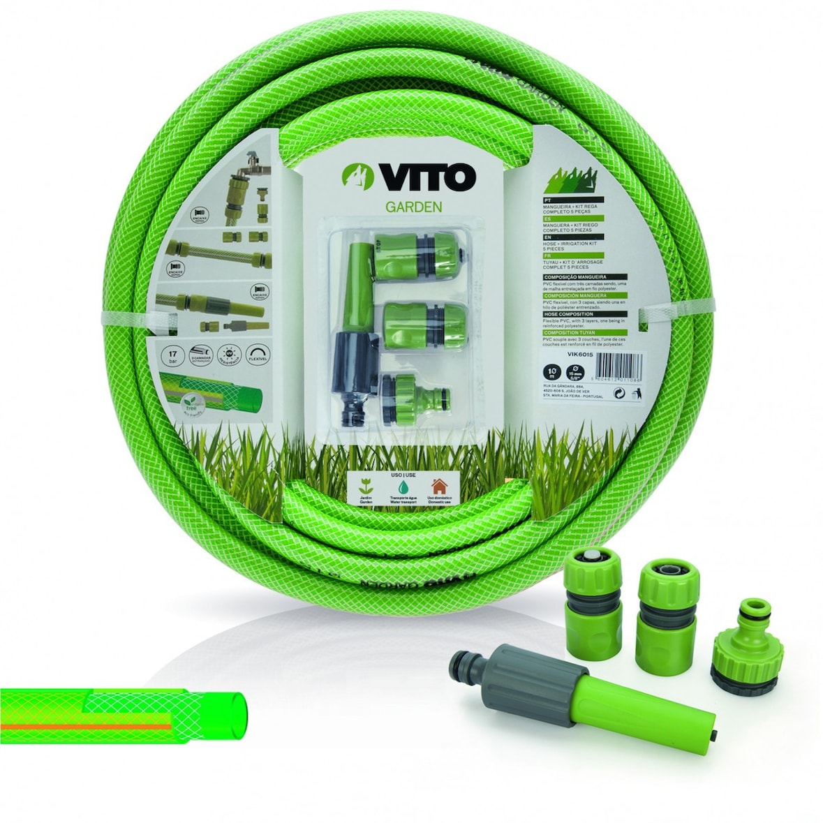 Tuyau d'arrosage 15mm 10 m KIT PVC lance multi jet + 2 raccords + nez de robinet VITO