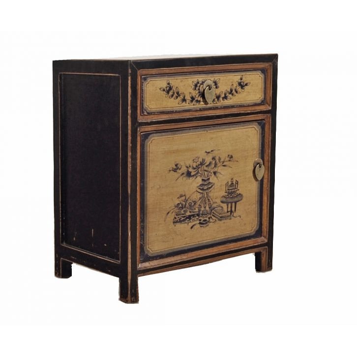 OPIUM OUTLET Möbel Kommode Nachttisch Nachtschrank Nachtkonsole Nachtkästchen 35191-1 schwarz-beige asiatisch chinesisch orientalisch