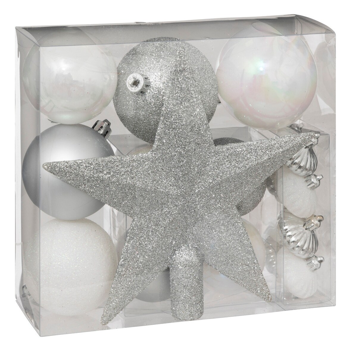 Déco de sapin de Noël Kit de 18 pièces Boules et Cimier - Argent et Blanc