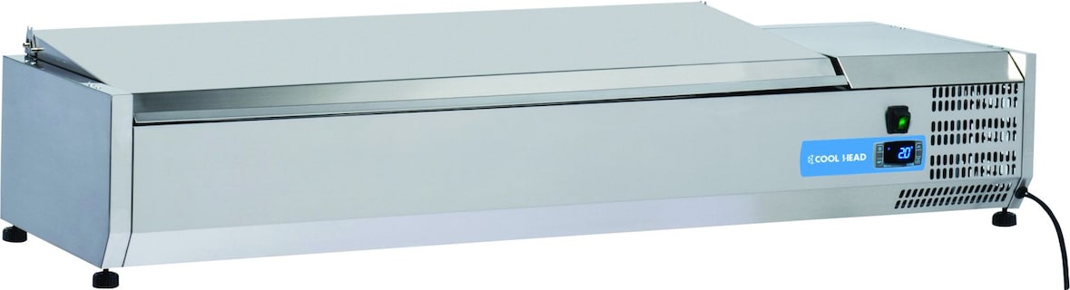 Edelstahl-Kühlvitrine für 6 GN1/3-Tabletts. Abmessungen (BxTxH) 140x39,5x28,1 cm. Temperatur +2°C/+8°C. Kühlkopf VRX 14/38S/S