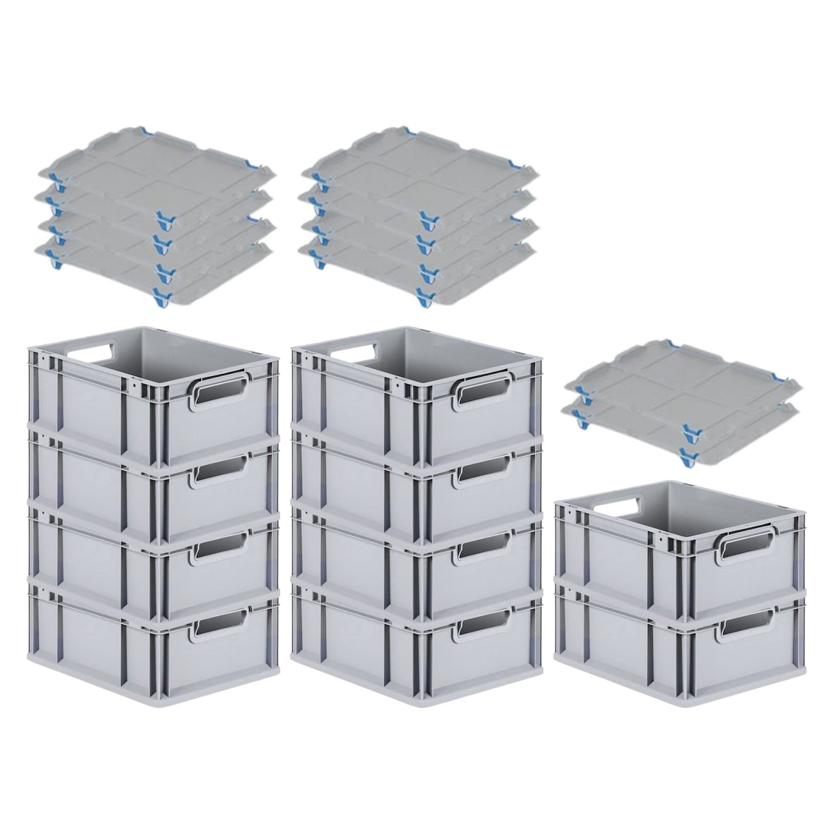 PROREGAL SparSet 10x Eurobox NextGen Economy mit Auflagedeckel & 4x Verschlüsse Blau, Griffe offen, HxBxT 17x30x40cm, 16L, Eurobehälter, Box