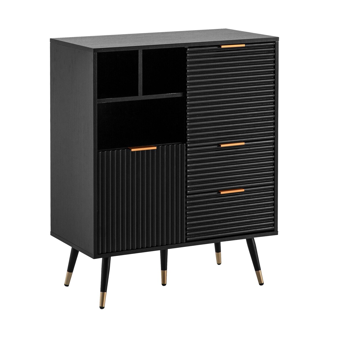 Sideboard 77x97x40 cm Anrichte Schwarz mit Eiche-Dekor, Kommode mit Türen und Schubladen, Kommodenschrank Flurschrank mit Regal Modern, Standschrank