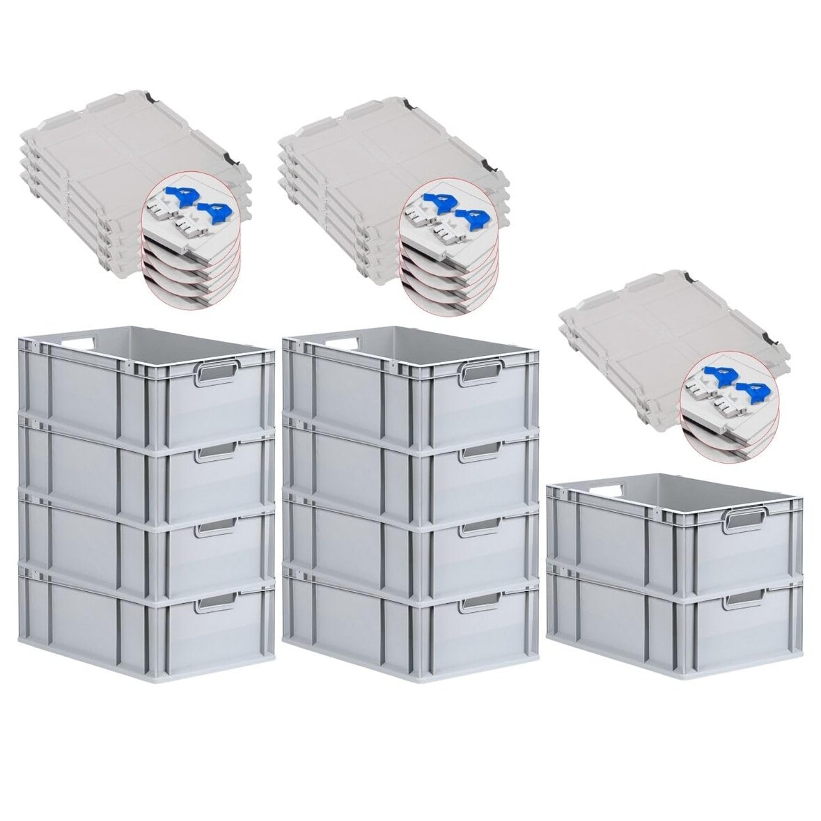 PROREGAL SuperSparSet 10x Eurobox NextGen Economy mit Scharnierdeckel & blauen Verschlüssen, Griffe offen, HxBxT 22x40x60cm, 44L, Eurobehälter, Box