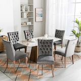thumbnail of Esszimmerstuhl Samt Grau 6er Set 95x63x49 cm mit Türklopfer Chromring und Kupfernägeln Massivholzbeine, modernes Polsterdesign
