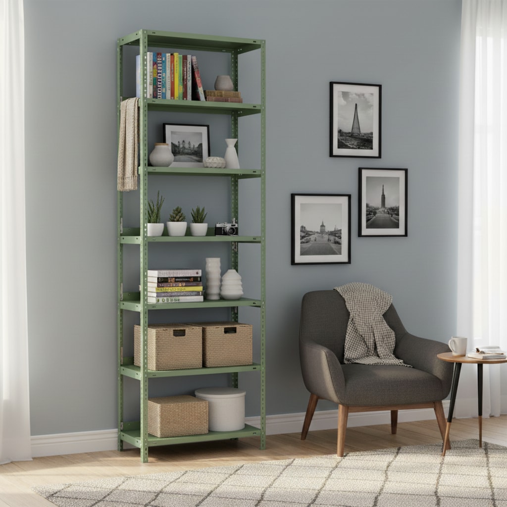 PROREGAL Industriestyle Wohnregal MAGNUS im Schraubsystem Made in Germany | HxBxT 220x75x30cm | 7 Stahlplatten-Ebenen | Fachlast 60kg | Resedagrün