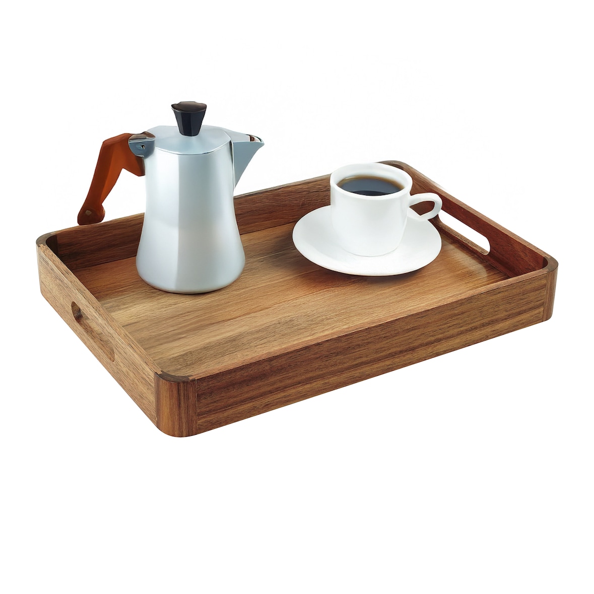 Relaxdays Serviertablett Akazienholz & MDF, HxBxT: 5 x 38,5 x 28,5 cm, Essenstablett mit Griffen, hoher Rand, natur