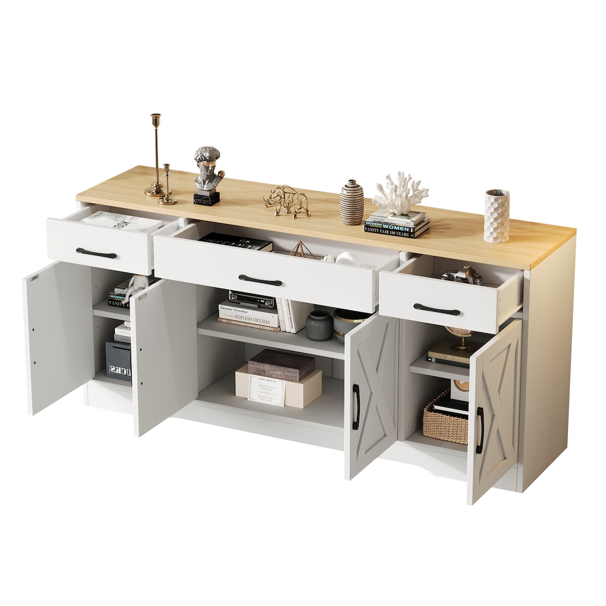 Sideboard 160x37x75 cm Weiß mit 3 Schubladen, 4 Türen, skandinavischer Stil, MDF mit rohholzfarbener Platte, modernes TV-Möbel, flexible Aufbewahrung
