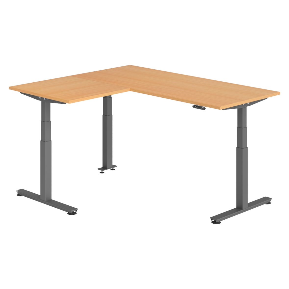 bümö Eckschreibtisch elektrisch höhenverstellbar L-Form: 180 x 160 cm in Buche, Gestell graphit - Stehschreibtisch mit Memory-Steuerung, elektrischer