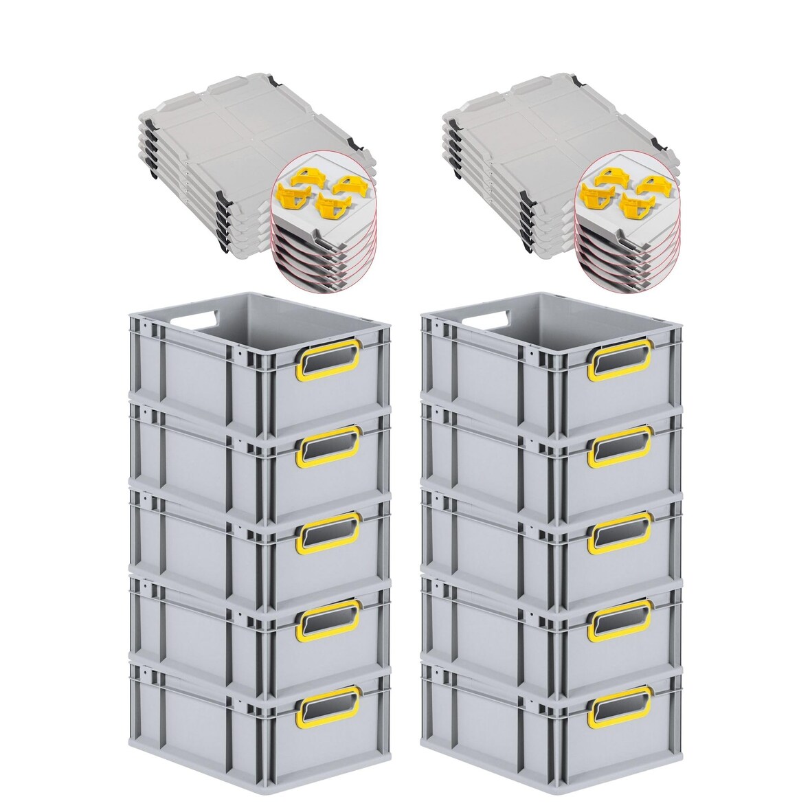PROREGAL SuperSparSet 10x Eurobox NextGen Color mit Auflagedeckel & Verschlüsse, HxBxT 17x30x40cm, 16L, Grau, Griffe gelb offen, Eurobehälter, Box