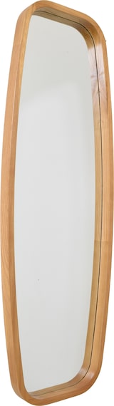 Ein ovaler Spiegel mit Holzrahmen.