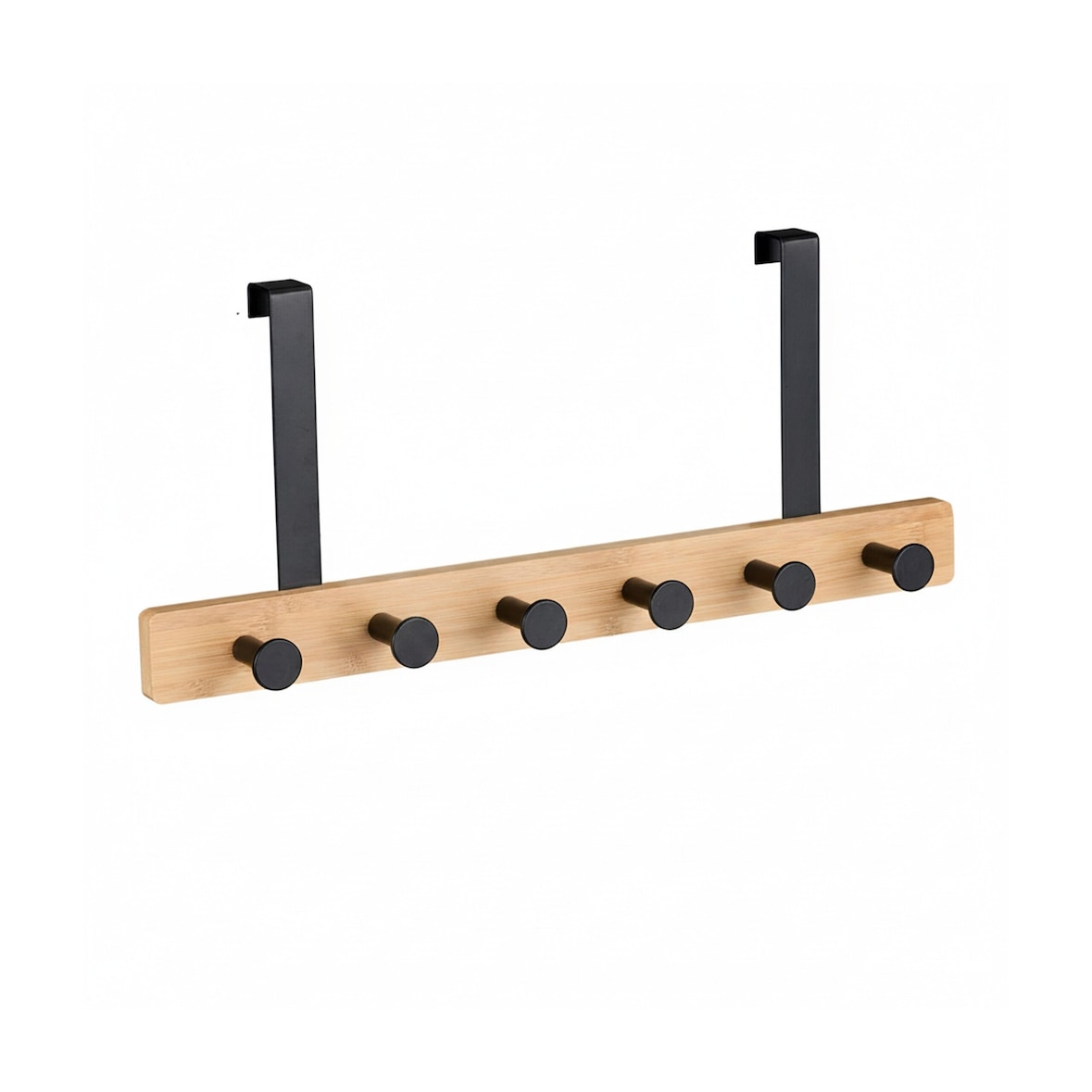 Relaxdays Türgarderobe, 6 Haken, Hakenleiste zum Einhängen, für 2 cm Tür, Bambus & Metall, Kleiderhaken, natur/schwarz