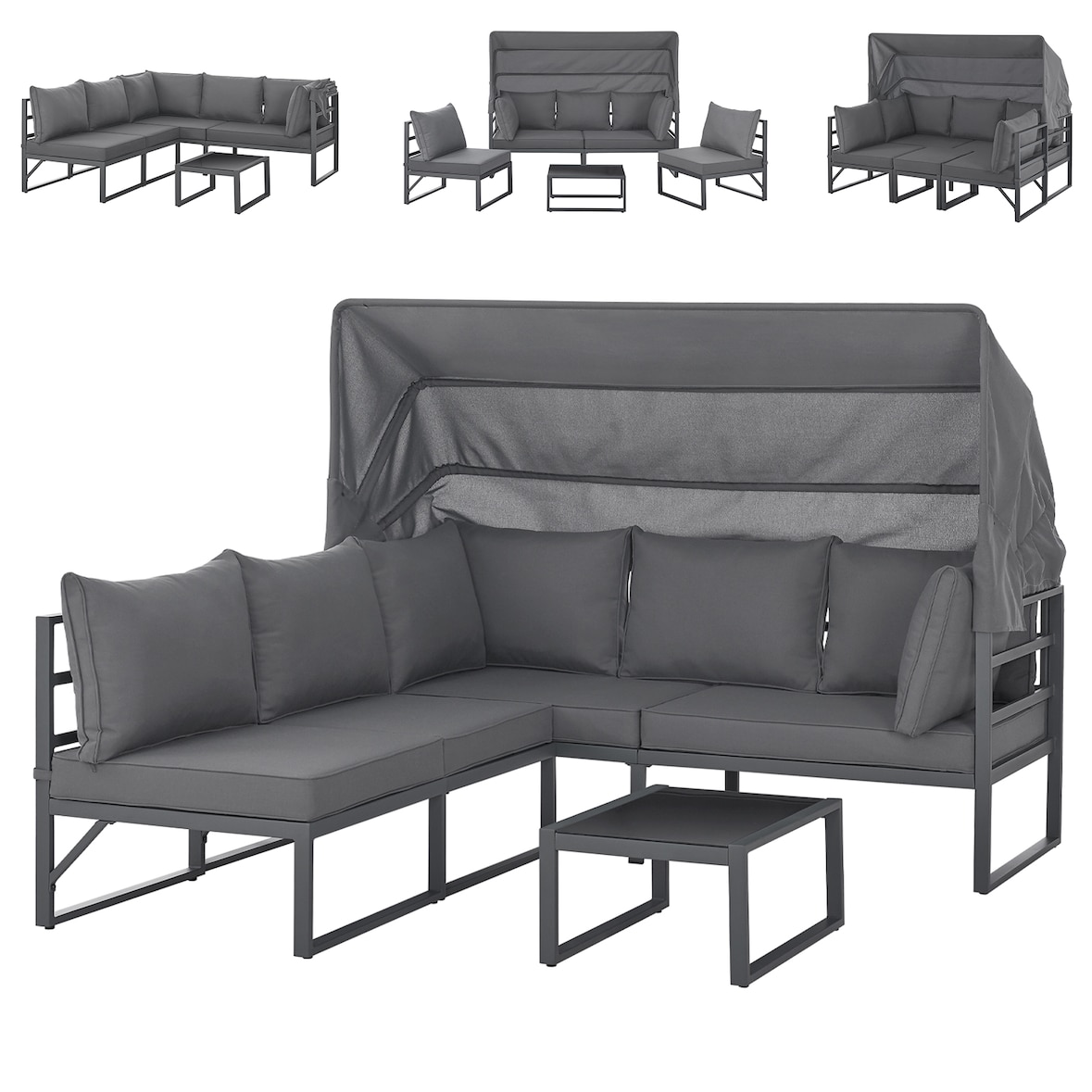 SVITA MAUI Gartenmöbel-Lounge-Set mit Dach Outdoor-Sofa Strandkorb-Sonneninsel Stahl Grau