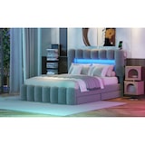 thumbnail of Merax 140 x 200 Polsterbett, Polsterbett mit 4 Schubladen, Polsterbet Bett mit LED-Lichtleiste mit USB und Stereoanlage, Grau