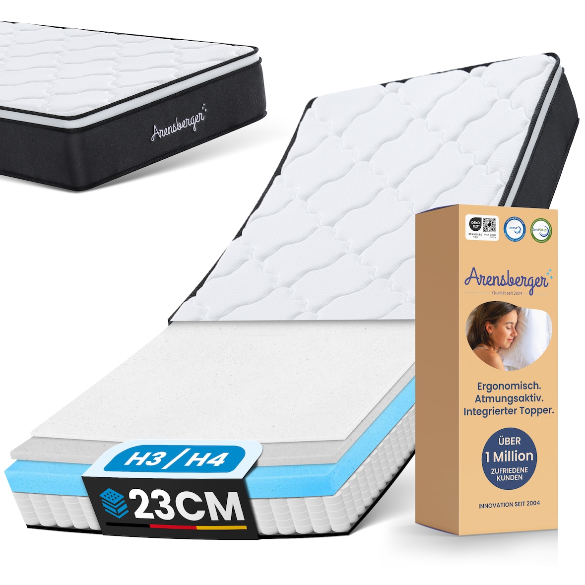 VIKTORIA Taschen Federkernmatratze 180x200 cm - Integrierter Topper; 25cm Höhe; H4, H3, H2 Misch-Härtegrad; 7 Zonen Matratze